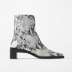 Zara Square Heel Leather Bootie Animal Snake Print